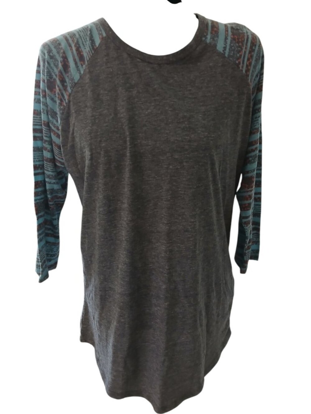 LuLaRoe RANDY Gray with Teal Design 3/4 sleeve Round Neck Womens Size L  #12